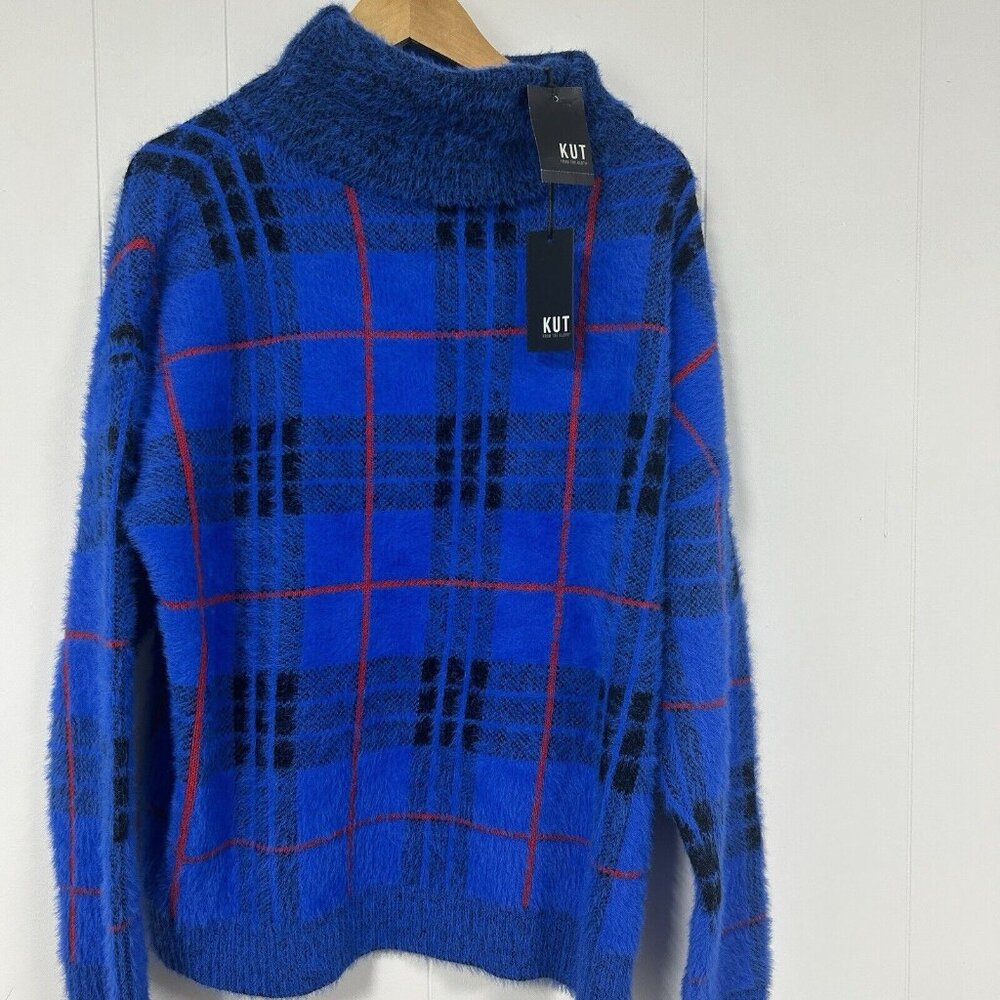Kut From The Kloth  XL  Plaid Turtleneck Fuzzy Sweater Blue Red